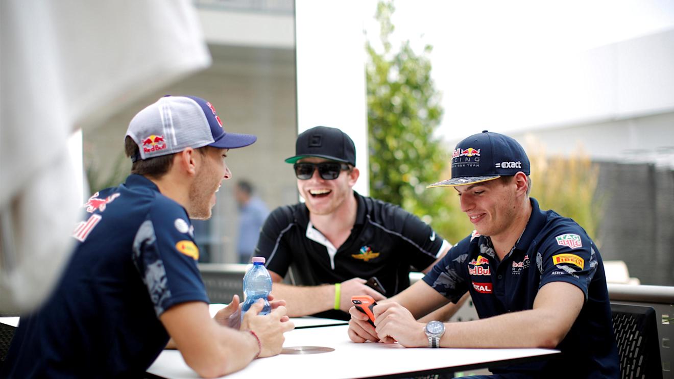 Pierre Gasly (FRA) Red Bull Racing Test Driver, Connor Daly (USA) and Max Verstappen (NED) Red Bull Racing at Formula One World Championship, Rd18, United States Grand Prix, Preparations, Circuit of the Americas, Austin, Texas, USA, Thursday 20 October 2016. © Sutton Images