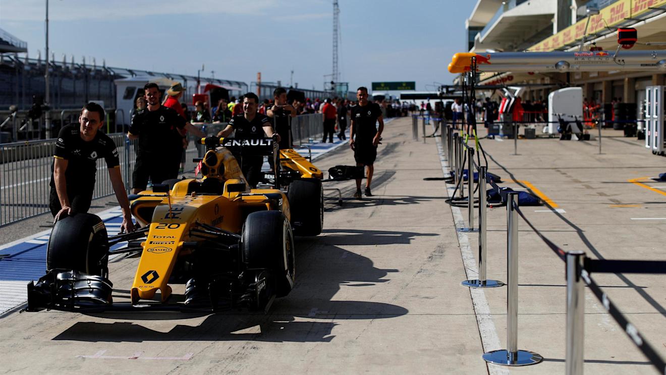 Renault Sport F1 Team RS16 in pit lane at Formula One World Championship, Rd18, United States Grand Prix, Preparations, Circuit of the Americas, Austin, Texas, USA, Thursday 20 October 2016. © Sutton Images