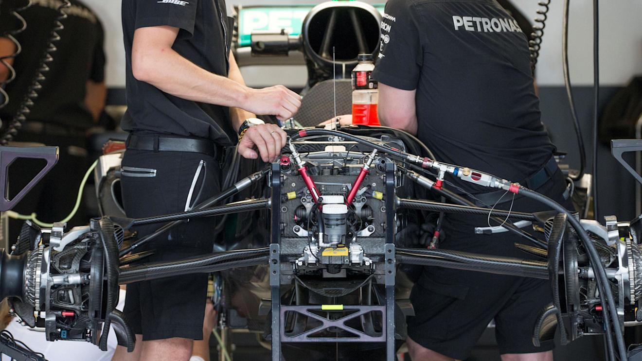 Mercedes-Benz F1 W07 Hybrid front suspension and chassis detail at Formula One World Championship, Rd18, United States Grand Prix, Preparations, Circuit of the Americas, Austin, Texas, USA, Thursday 20 October 2016. © Sutton Images