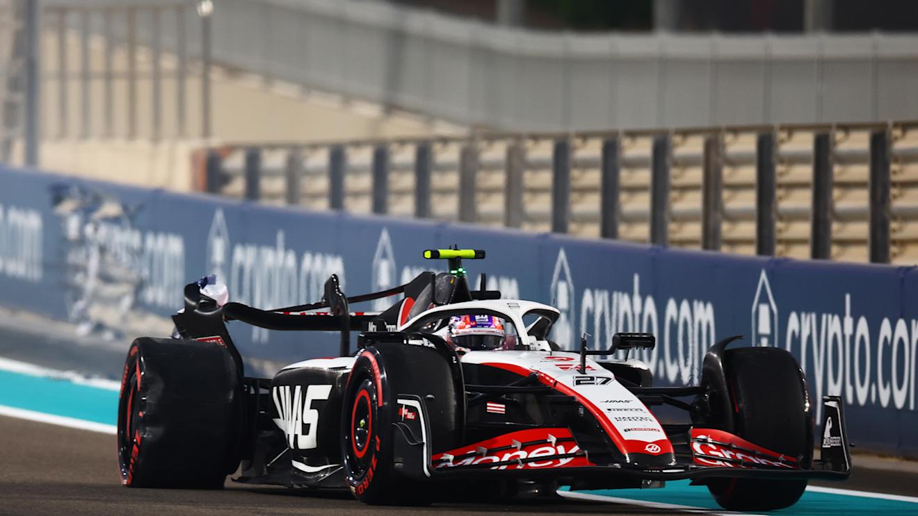 ABU DHABI, UNITED ARAB EMIRATES - NOVEMBER 24: Nico Hulkenberg of Germany driving the (27) Haas F1 VF-23 Ferrari stops on track after crashing during practice ahead of the F1 Grand Prix of Abu Dhabi at Yas Marina Circuit on November 24, 2023 in Abu Dhabi, United Arab Emirates. (Photo by Mark Thompson/Getty Images)