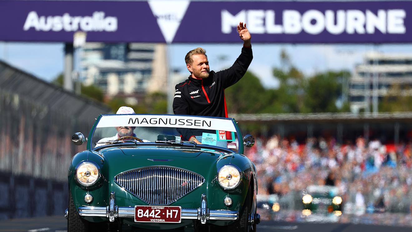 MELBOURNE, AUSTRALIA - APRIL 02: Kevin Magnussen of Denmark and Haas F1 looks on from the drivers parade prior to the F1 Grand Prix of Australia at Albert Park Grand Prix Circuit on April 02, 2023 in Melbourne, Australia. (Photo by Mark Thompson/Getty Images)