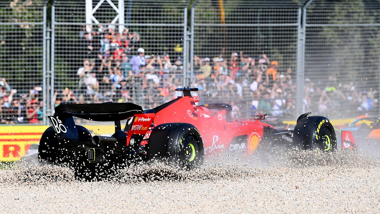 MELBOURNE, AUSTRALIA - APRIL 02: Charles Leclerc of Monaco driving the (16) Ferrari SF-23 gets stuck in a gravel trap during the F1 Grand Prix of Australia at Albert Park Grand Prix Circuit on April 02, 2023 in Melbourne, Australia. (Photo by Quinn Rooney/Getty Images)