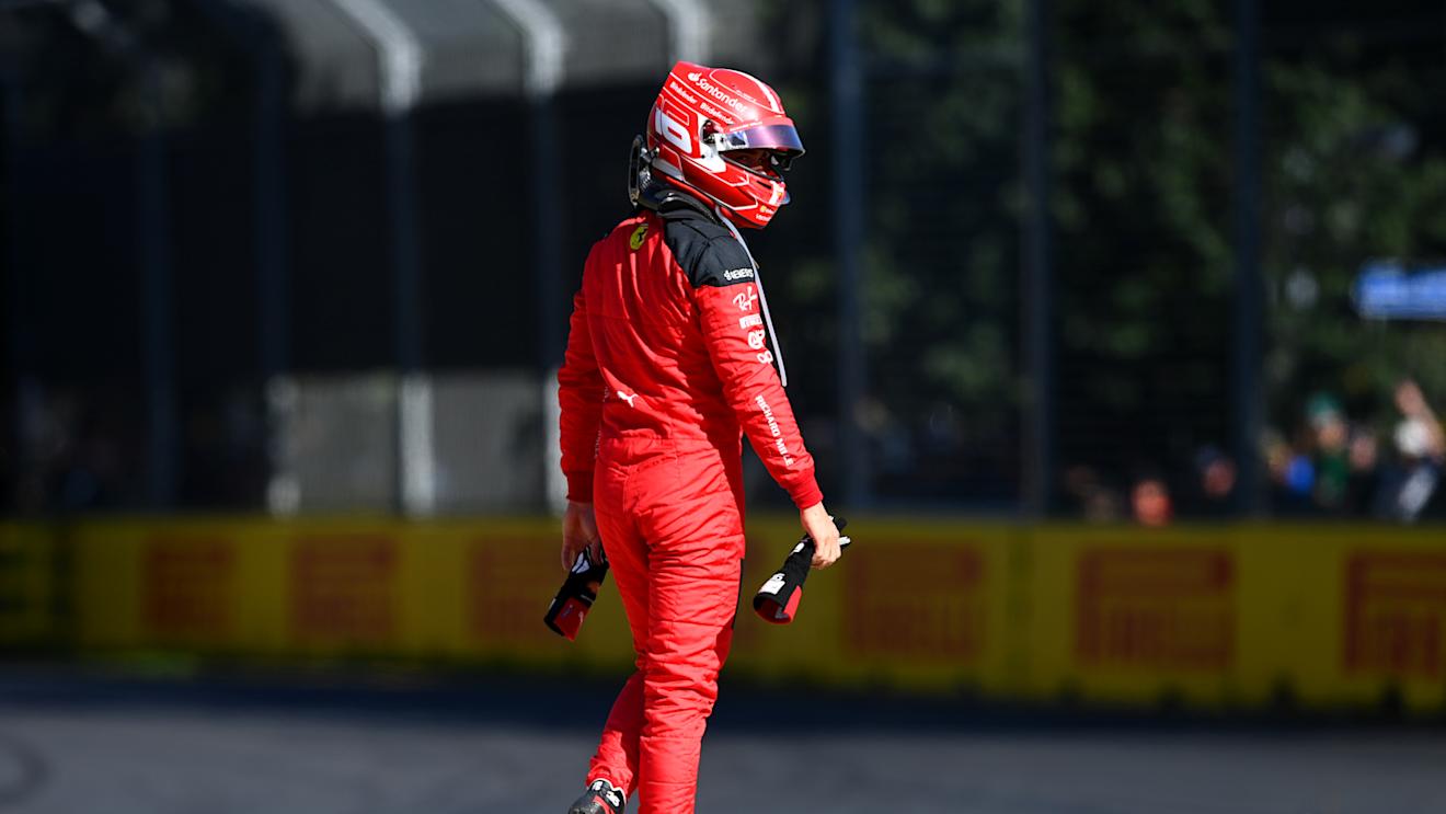 MELBOURNE, AUSTRALIA - APRIL 02: Charles Leclerc of Monaco and Ferrari walks from his car after retiring from the race during the F1 Grand Prix of Australia at Albert Park Grand Prix Circuit on April 02, 2023 in Melbourne, Australia. (Photo by Quinn Rooney/Getty Images)