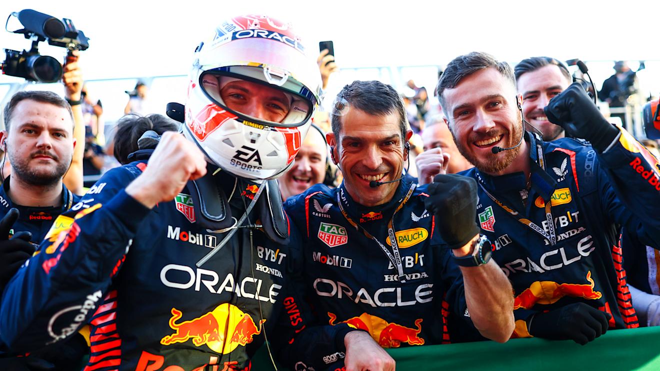 MELBOURNE, AUSTRALIA - APRIL 02: Race winner Max Verstappen of the Netherlands and Oracle Red Bull Racing celebrates in parc ferme during the F1 Grand Prix of Australia at Albert Park Grand Prix Circuit on April 02, 2023 in Melbourne, Australia. (Photo by Mark Thompson/Getty Images)