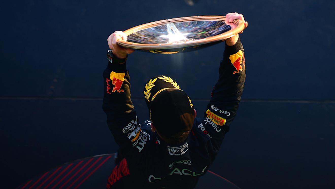 MELBOURNE, AUSTRALIA - APRIL 02: Race winner Max Verstappen of the Netherlands and Oracle Red Bull Racing celebrates on the podium during the F1 Grand Prix of Australia at Albert Park Grand Prix Circuit on April 02, 2023 in Melbourne, Australia. (Photo by Mario Renzi - Formula 1/Formula 1 via Getty Images)