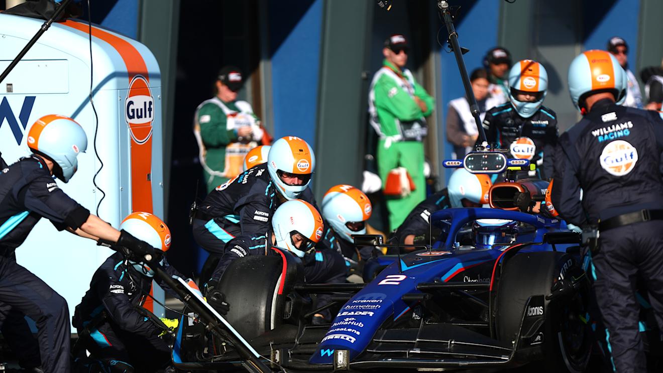 MELBOURNE, AUSTRALIA - APRIL 02: Logan Sargeant of United States driving the (2) Williams FW45 Mercedes makes a pitstop during the F1 Grand Prix of Australia at Albert Park Grand Prix Circuit on April 02, 2023 in Melbourne, Australia. (Photo by Dan Istitene - Formula 1/Formula 1 via Getty Images)