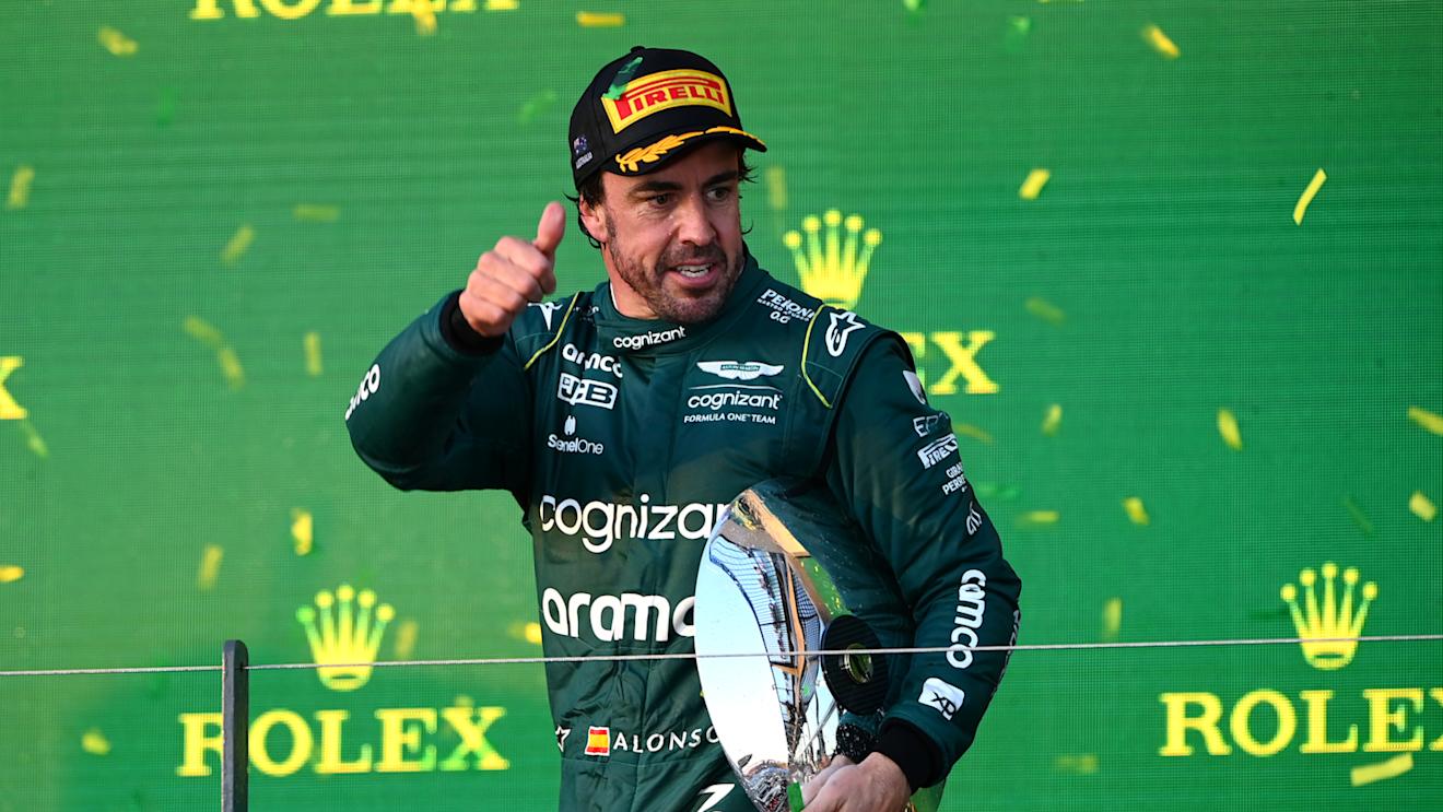 MELBOURNE, AUSTRALIA - APRIL 02: Third placed Fernando Alonso of Spain and Aston Martin F1 Team celebrates on the podium during the F1 Grand Prix of Australia at Albert Park Grand Prix Circuit on April 02, 2023 in Melbourne, Australia. (Photo by Quinn Rooney/Getty Images)