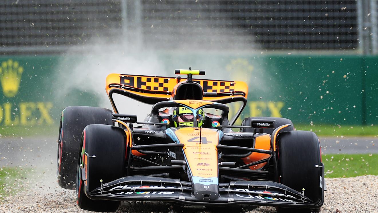 MELBOURNE, AUSTRALIA - MARCH 31: Lando Norris of Great Britain driving the (4) McLaren MCL60 Mercedes runs wide during practice ahead of the F1 Grand Prix of Australia at Albert Park Grand Prix Circuit on March 31, 2023 in Melbourne, Australia. (Photo by Peter Fox/Getty Images)