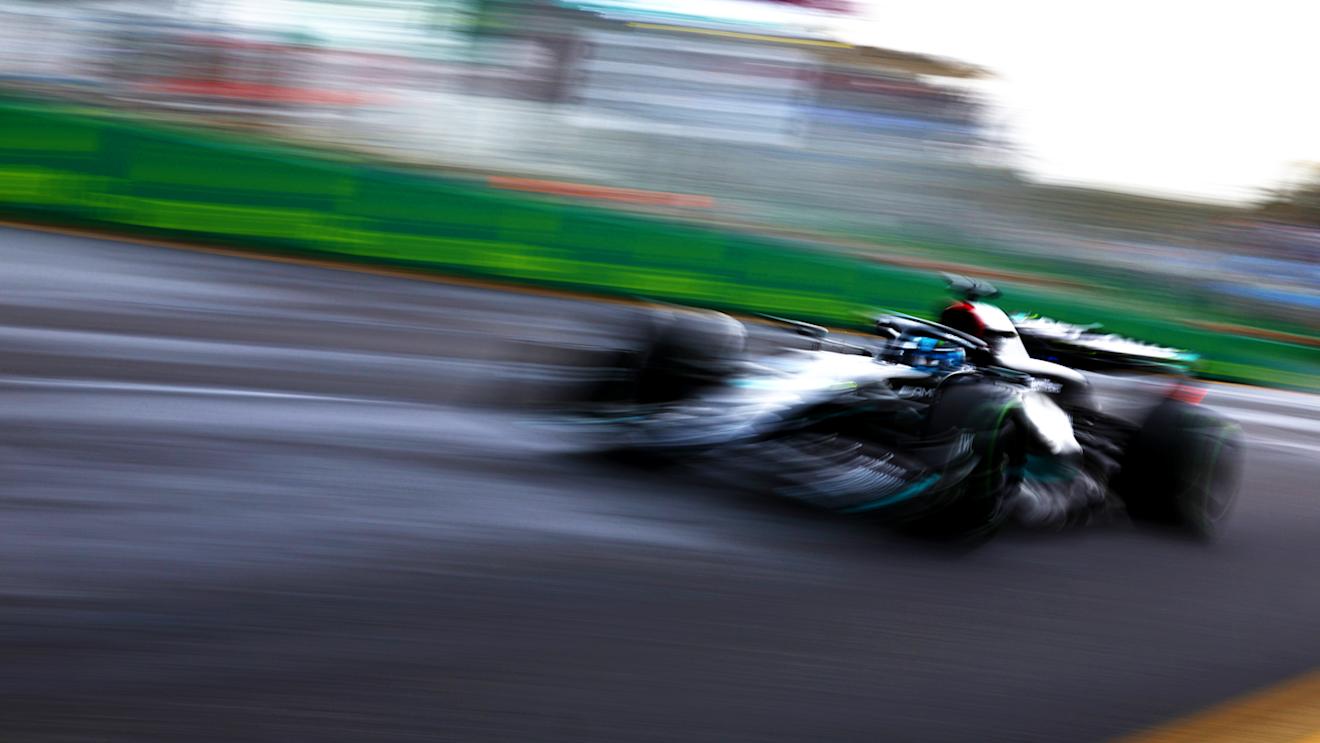 MELBOURNE, AUSTRALIA - MARCH 31: George Russell of Great Britain driving the (63) Mercedes AMG Petronas F1 Team W14 on track during practice ahead of the F1 Grand Prix of Australia at Albert Park Grand Prix Circuit on March 31, 2023 in Melbourne, Australia. (Photo by Mark Thompson/Getty Images)