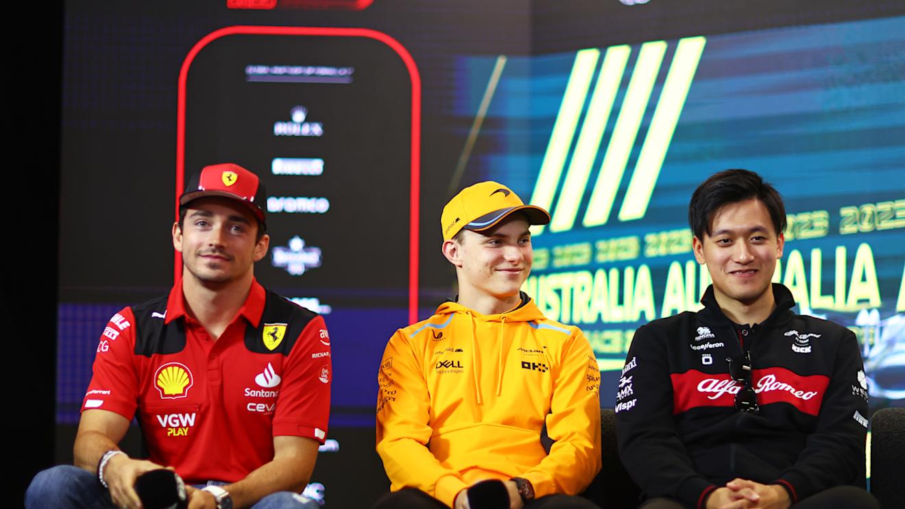 MELBOURNE, AUSTRALIA - MARCH 30: Charles Leclerc of Monaco and Ferrari, Lando Norris of Great Britain and McLaren and Zhou Guanyu of China and Alfa Romeo F1 attend the Drivers Press Conference during previews ahead of the F1 Grand Prix of Australia at Albert Park Grand Prix Circuit on March 30, 2023 in Melbourne, Australia. (Photo by Dan Istitene/Getty Images)