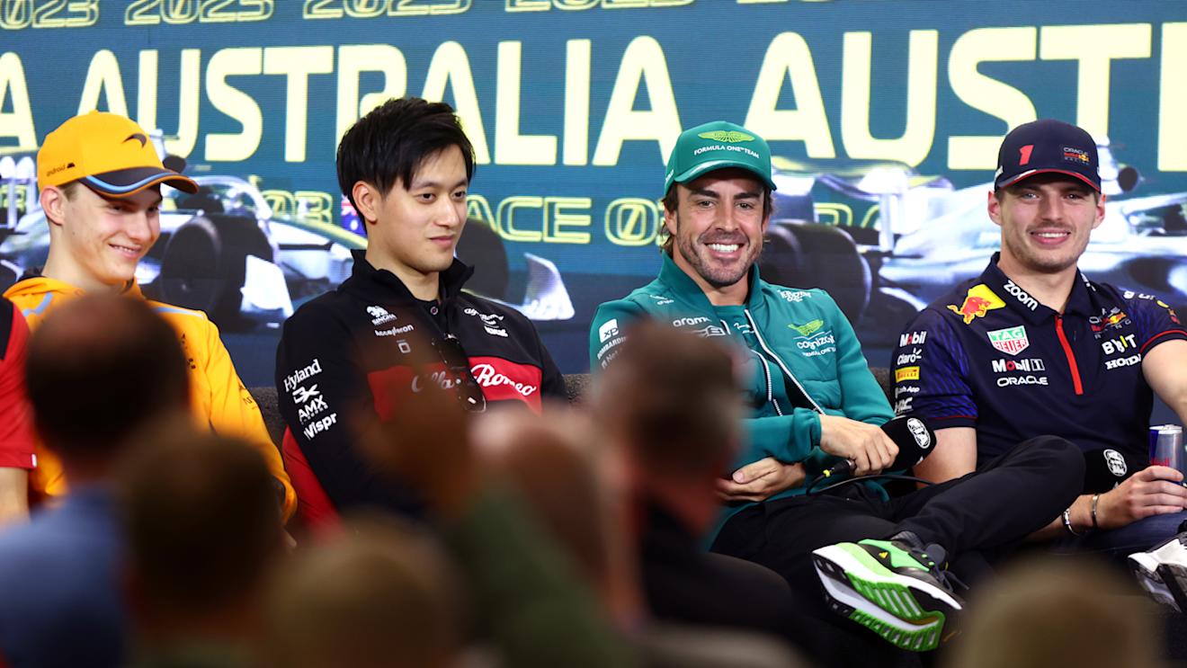 MELBOURNE, AUSTRALIA - MARCH 30: Fernando Alonso of Spain and Aston Martin F1 Team looks on in the Drivers Press Conference with Oscar Piastri of Australia and McLaren, Zhou Guanyu of China and Alfa Romeo F1 and Max Verstappen of the Netherlands and Oracle Red Bull Racing during previews ahead of the F1 Grand Prix of Australia at Albert Park Grand Prix Circuit on March 30, 2023 in Melbourne, Australia. (Photo by Dan Istitene/Getty Images)