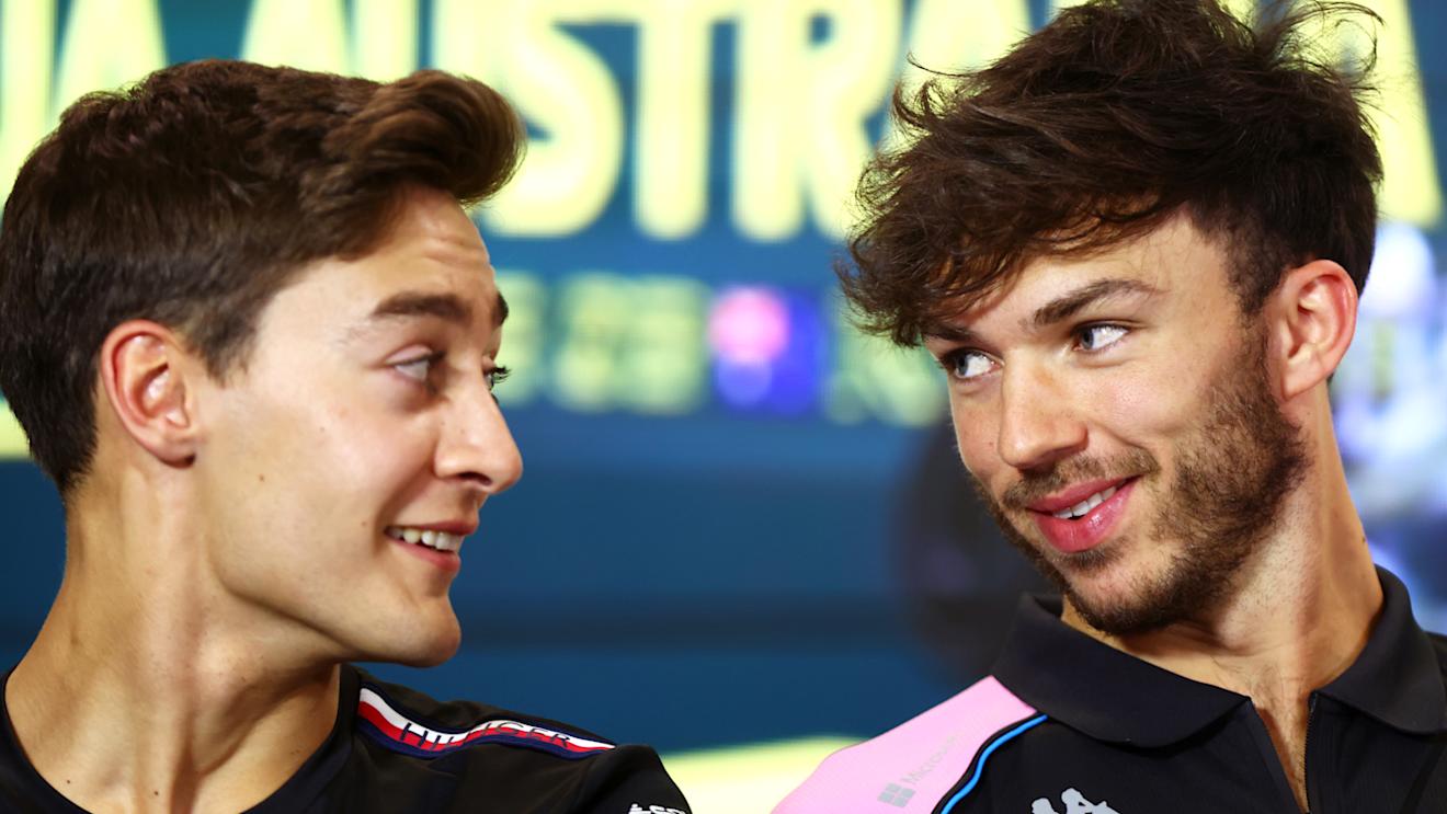 MELBOURNE, AUSTRALIA - MARCH 30: George Russell of Great Britain and Mercedes talks with Pierre Gasly of France and Alpine F1 in the Drivers Press Conference during previews ahead of the F1 Grand Prix of Australia at Albert Park Grand Prix Circuit on March 30, 2023 in Melbourne, Australia. (Photo by Dan Istitene/Getty Images)