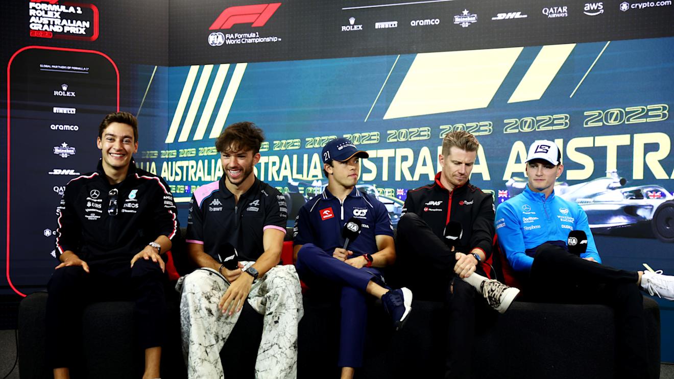 MELBOURNE, AUSTRALIA - MARCH 30: George Russell of Great Britain and Mercedes, Pierre Gasly of France and Alpine F1, Nyck de Vries of Netherlands and Scuderia AlphaTauri, Nico Hulkenberg of Germany and Haas F1 and Logan Sargeant of United States and Williams attend the Drivers Press Conference during previews ahead of the F1 Grand Prix of Australia at Albert Park Grand Prix Circuit on March 30, 2023 in Melbourne, Australia. (Photo by Dan Istitene/Getty Images)