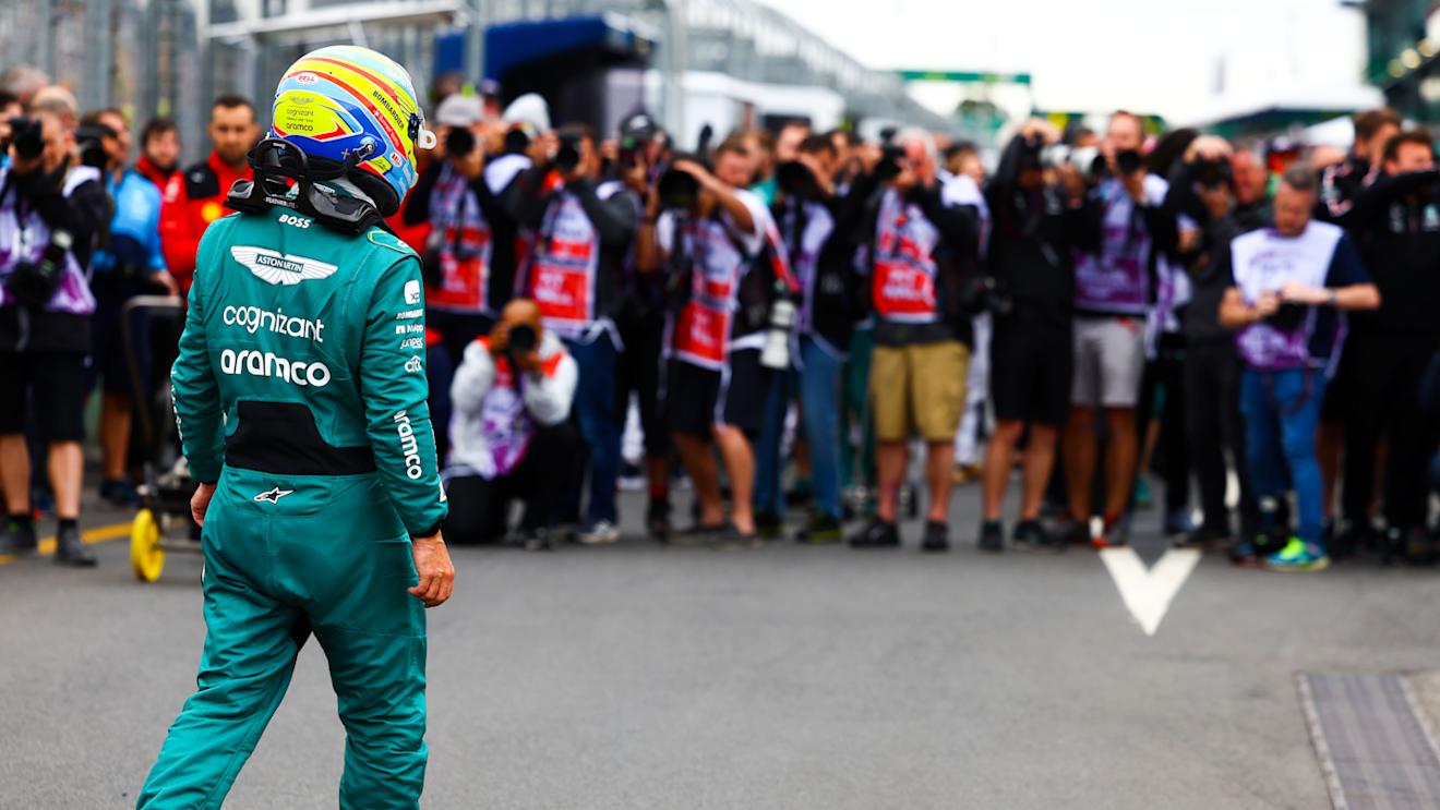 MELBOURNE, AUSTRALIA - APRIL 01: 4th placed qualifier Fernando Alonso of Spain and Aston Martin F1 Team looks on in parc ferme during qualifying ahead of the F1 Grand Prix of Australia at Albert Park Grand Prix Circuit on April 01, 2023 in Melbourne, Australia. (Photo by Mark Thompson/Getty Images)