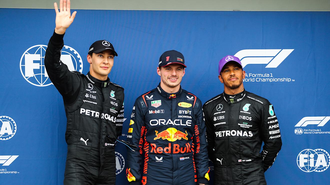 MELBOURNE, AUSTRALIA - APRIL 01: George Russell of Mercedes and Great Britain, Max Verstappen of Red Bull Racing and The Netherlands and Lewis Hamilton of Mercedes and Great Britain during qualifying ahead of the F1 Grand Prix of Australia at Albert Park Grand Prix Circuit on April 01, 2023 in Melbourne, Australia. (Photo by Peter Fox/Getty Images)