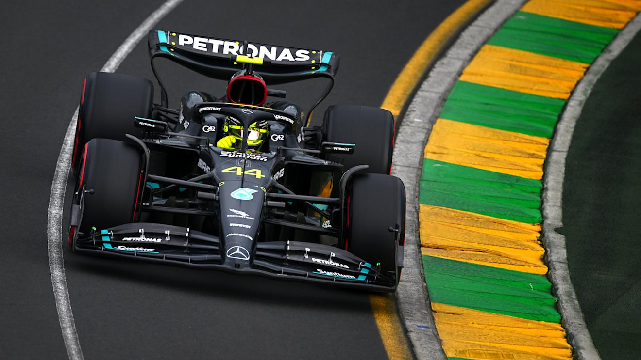 MELBOURNE, AUSTRALIA - APRIL 01: Lewis Hamilton of Great Britain driving the (44) Mercedes AMG Petronas F1 Team W14 on track during qualifying ahead of the F1 Grand Prix of Australia at Albert Park Grand Prix Circuit on April 01, 2023 in Melbourne, Australia. (Photo by Clive Mason - Formula 1/Formula 1 via Getty Images)