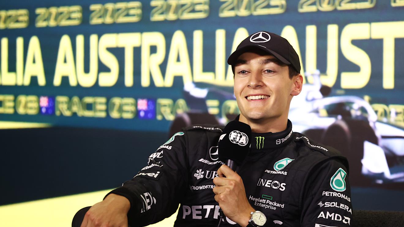 MELBOURNE, AUSTRALIA - APRIL 01: Second placed qualifier George Russell of Great Britain and Mercedes attends the press conference after qualifying ahead of the F1 Grand Prix of Australia at Albert Park Grand Prix Circuit on April 01, 2023 in Melbourne, Australia. (Photo by Robert Cianflone/Getty Images)