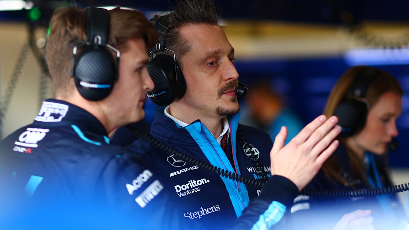 MELBOURNE, AUSTRALIA - APRIL 01: Logan Sargeant of United States and Williams speaks with his race engineer aetan Jego in the garage during final practice ahead of the F1 Grand Prix of Australia at Albert Park Grand Prix Circuit on April 01, 2023 in Melbourne, Australia. (Photo by Dan Istitene - Formula 1/Formula 1 via Getty Images)