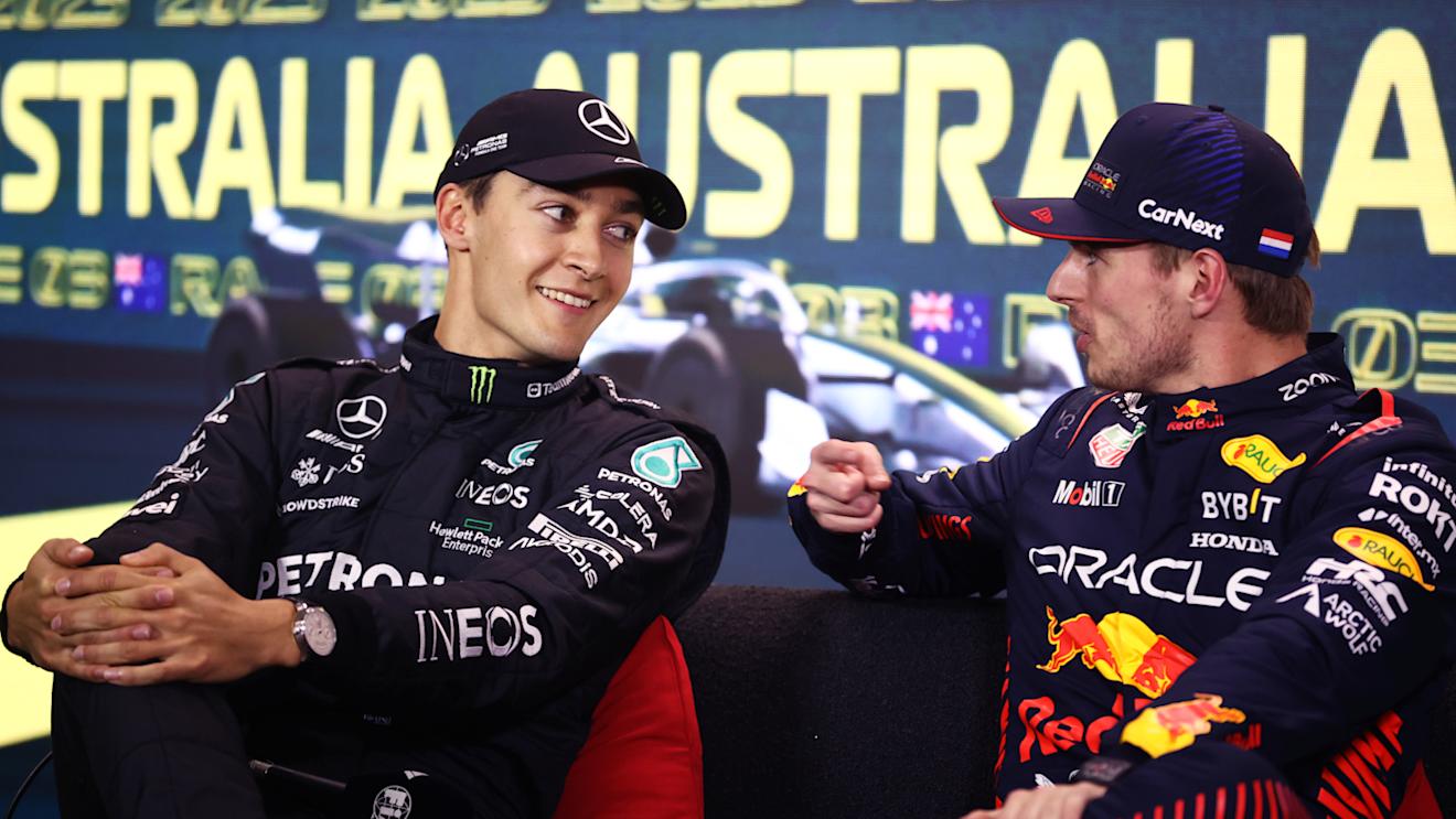 MELBOURNE, AUSTRALIA - APRIL 01: Pole position qualifier Max Verstappen of the Netherlands and Oracle Red Bull Racing (R) and Second placed qualifier George Russell of Great Britain and Mercedes (L) attend the press conference after qualifying ahead of the F1 Grand Prix of Australia at Albert Park Grand Prix Circuit on April 01, 2023 in Melbourne, Australia. (Photo by Robert Cianflone/Getty Images)