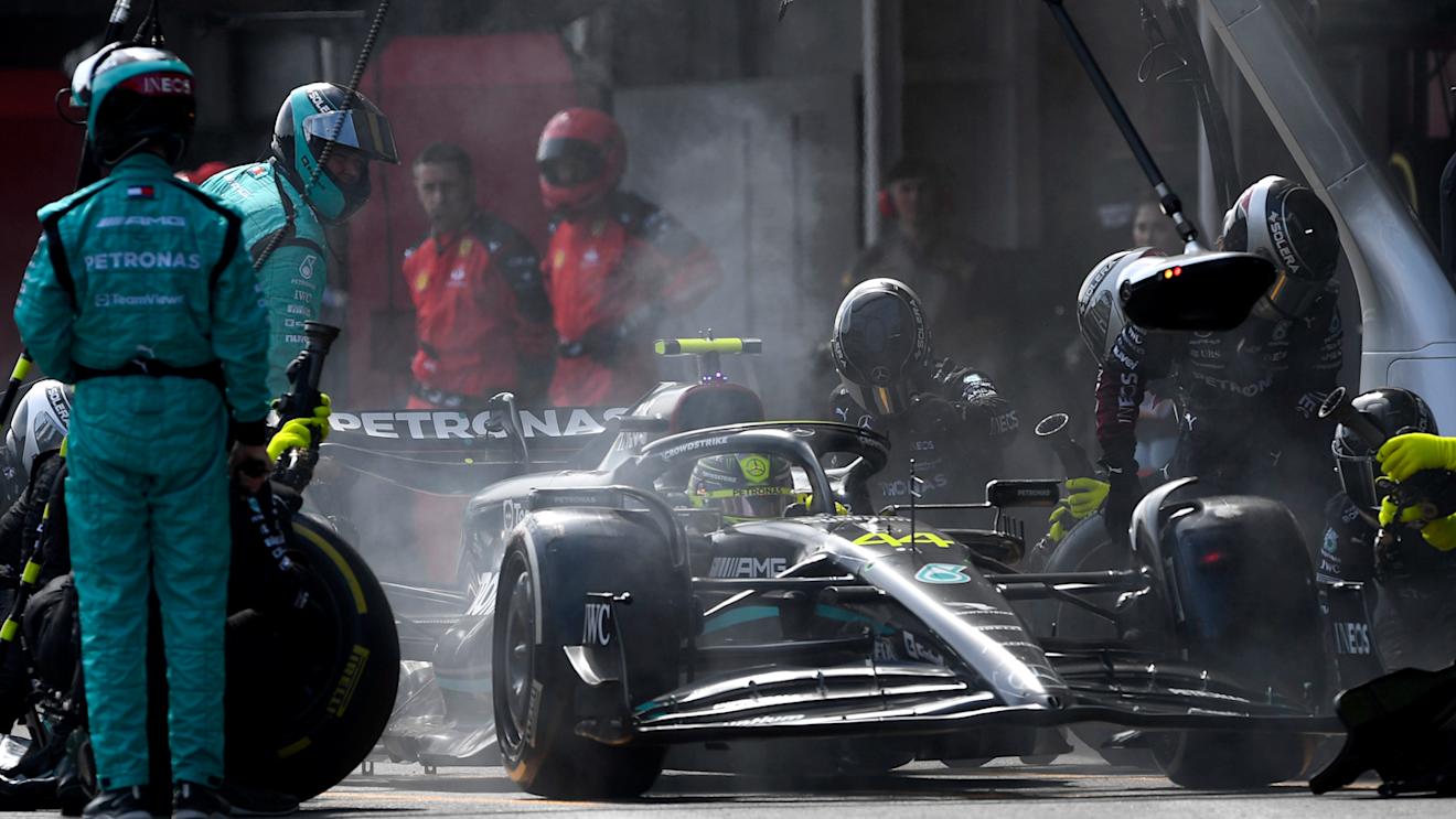 BAKU, AZERBAIJAN - APRIL 30: Lewis Hamilton of Great Britain driving the (44) Mercedes AMG Petronas F1 Team W14 comes in for a pitstop during the F1 Grand Prix of Azerbaijan at Baku City Circuit on April 30, 2023 in Baku, Azerbaijan. (Photo by Rudy Carezzevoli/Getty Images)