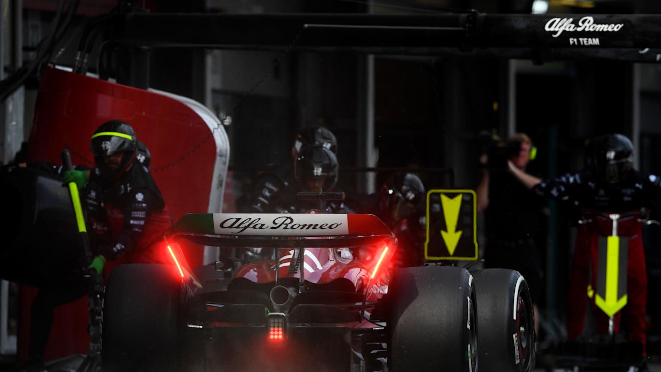 BAKU, AZERBAIJAN - APRIL 30: Valtteri Bottas of Finland driving the (77) Alfa Romeo F1 C43 Ferrari comes in for a pitstop during the F1 Grand Prix of Azerbaijan at Baku City Circuit on April 30, 2023 in Baku, Azerbaijan. (Photo by Rudy Carezzevoli/Getty Images)