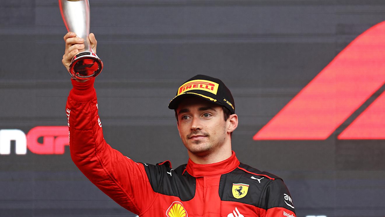 BAKU, AZERBAIJAN - APRIL 30: Third placed Charles Leclerc of Monaco and Ferrari celebrates on the podium during the F1 Grand Prix of Azerbaijan at Baku City Circuit on April 30, 2023 in Baku, Azerbaijan. (Photo by Alex Pantling/Getty Images)