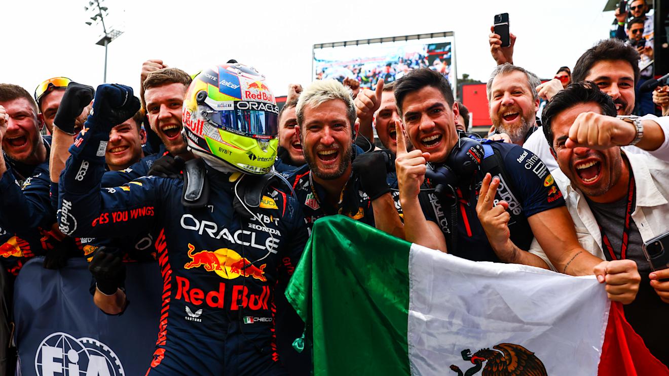 BAKU, AZERBAIJAN - APRIL 30: Race winner Sergio Perez of Mexico and Oracle Red Bull Racing celebrates with teammates in parc ferme during the F1 Grand Prix of Azerbaijan at Baku City Circuit on April 30, 2023 in Baku, Azerbaijan. (Photo by Mark Thompson/Getty Images)