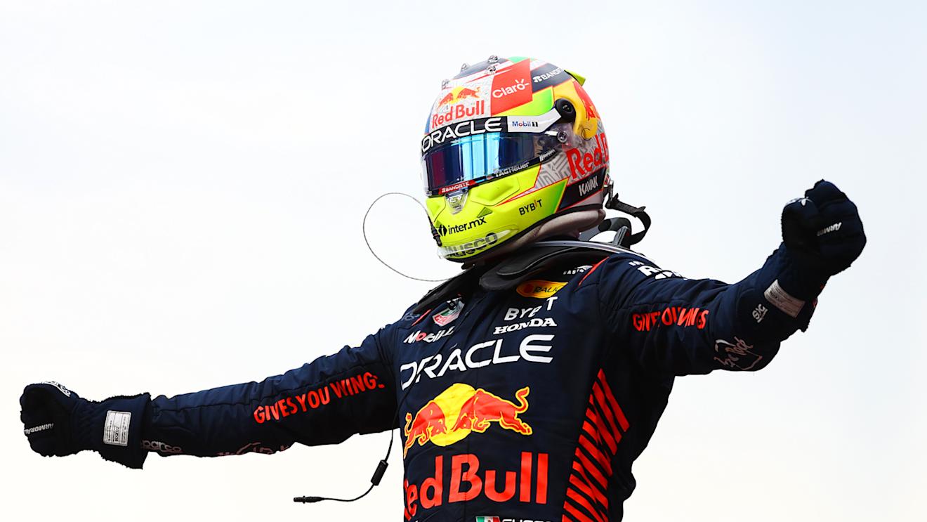 BAKU, AZERBAIJAN - APRIL 30: Race winner Sergio Perez of Mexico and Oracle Red Bull Racing celebrates in parc ferme during the F1 Grand Prix of Azerbaijan at Baku City Circuit on April 30, 2023 in Baku, Azerbaijan. (Photo by Mark Thompson/Getty Images)