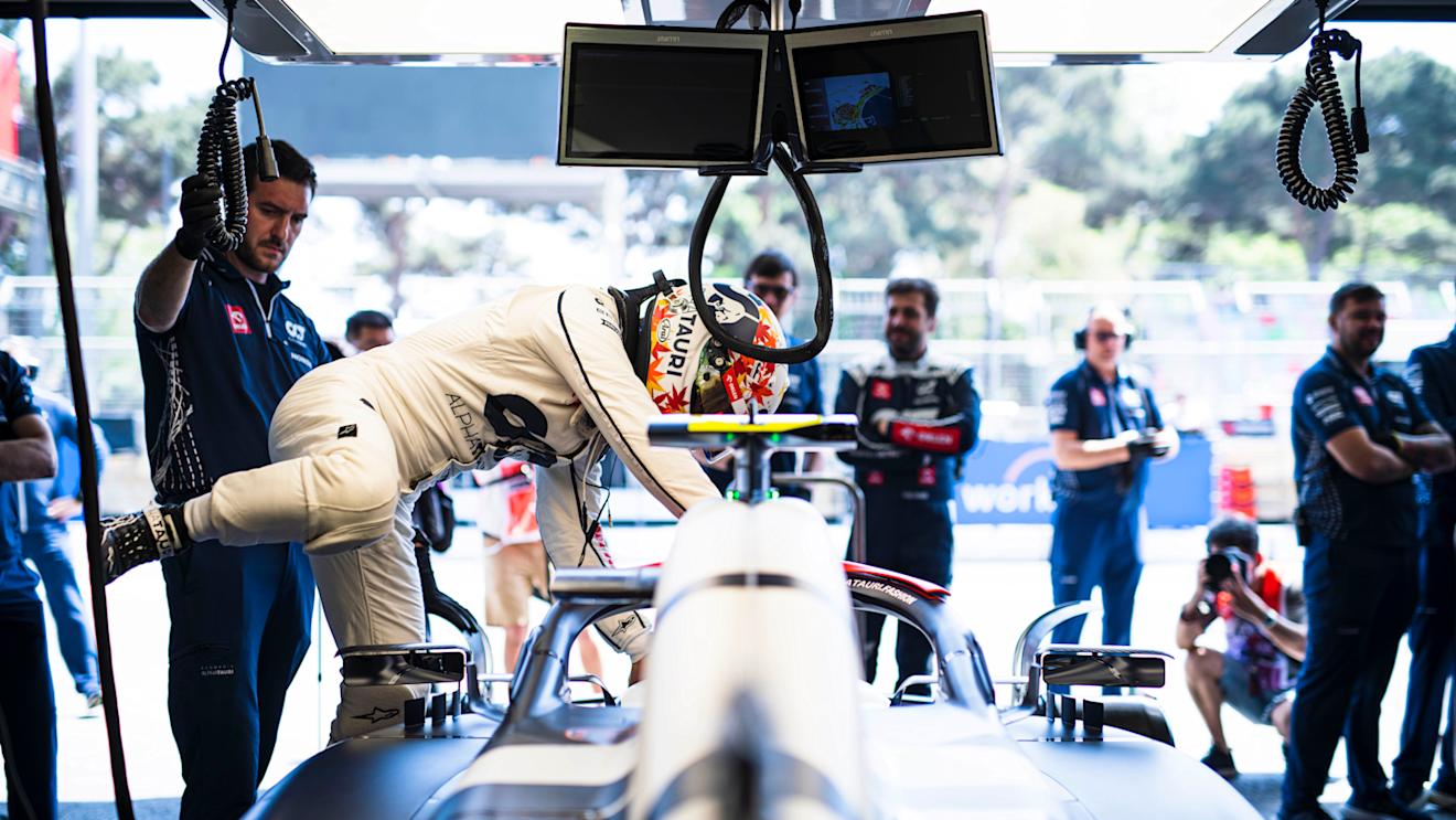 BAKU, AZERBAIJAN - APRIL 28: Yuki Tsunoda of Japan and Scuderia AlphaTauri prepares to drive in the garage during practice ahead of the F1 Grand Prix of Azerbaijan at Baku City Circuit on April 28, 2023 in Baku, Azerbaijan. (Photo by Rudy Carezzevoli/Getty Images)