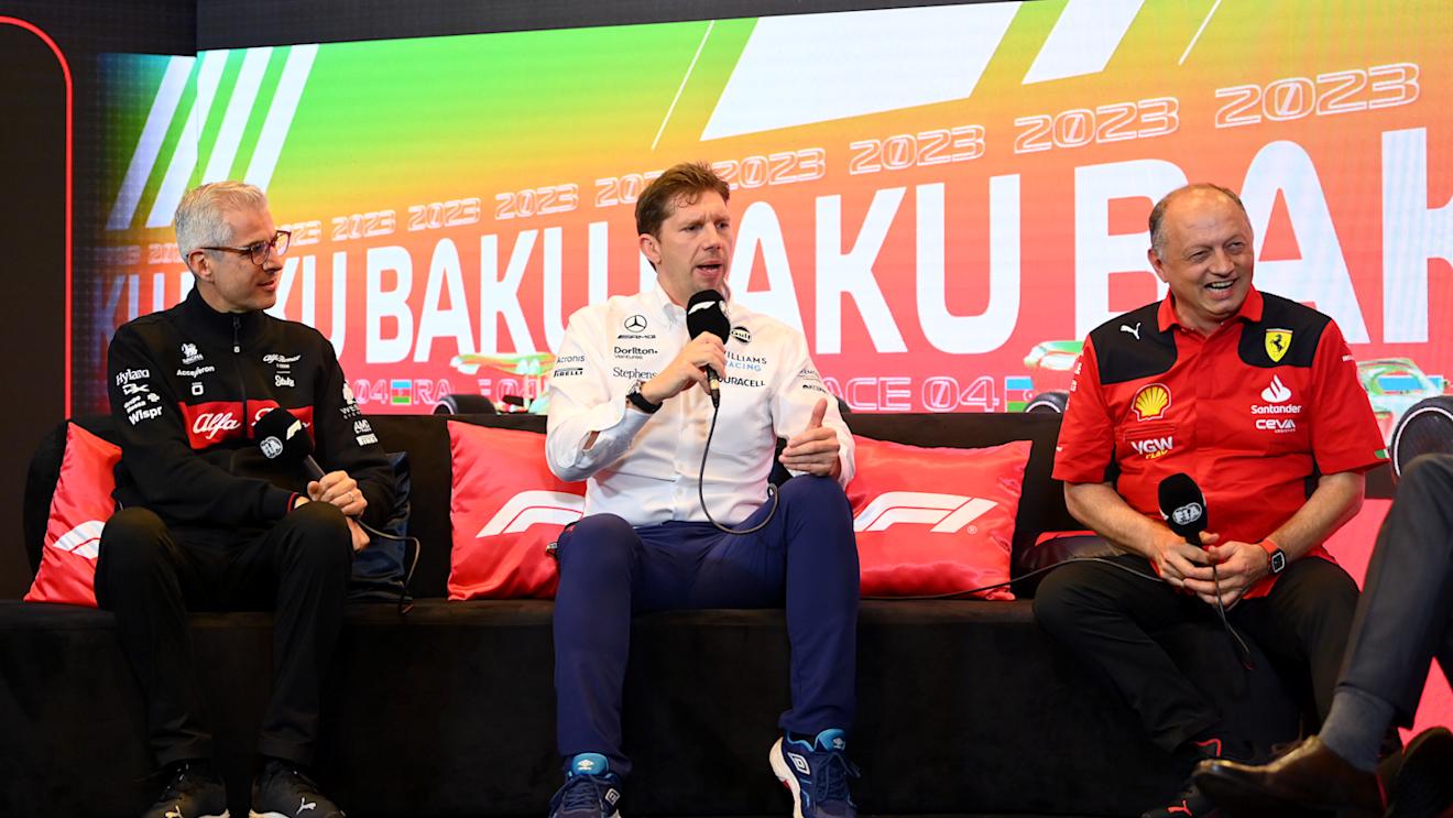 BAKU, AZERBAIJAN - APRIL 28: Alessandro Alunni Bravi, Team Representative of Alfa Romeo F1, James Vowles, Team Principal of Williams, and Ferrari Team Principal Frederic Vasseur attend the Team Principals Press Conference during practice ahead of the F1 Grand Prix of Azerbaijan at Baku City Circuit on April 28, 2023 in Baku, Azerbaijan. (Photo by Dan Mullan/Getty Images)