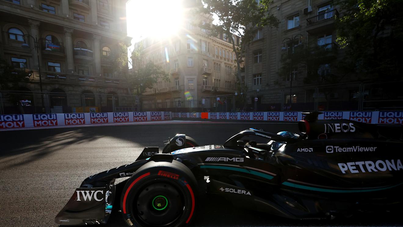 BAKU, AZERBAIJAN - APRIL 28: George Russell of Great Britain driving the (63) Mercedes AMG Petronas F1 Team W14 on track during qualifying ahead of the F1 Grand Prix of Azerbaijan at Baku City Circuit on April 28, 2023 in Baku, Azerbaijan. (Photo by Bryn Lennon - Formula 1/Formula 1 via Getty Images)