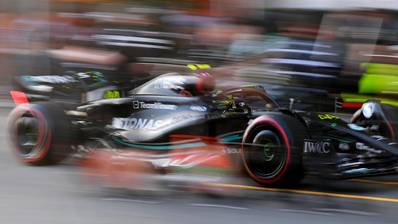 BAKU, AZERBAIJAN - APRIL 28: Lewis Hamilton of Great Britain driving the (44) Mercedes AMG Petronas F1 Team W14 in the Pitlane during qualifying ahead of the F1 Grand Prix of Azerbaijan at Baku City Circuit on April 28, 2023 in Baku, Azerbaijan. (Photo by Dan Mullan - Formula 1/Formula 1 via Getty Images)