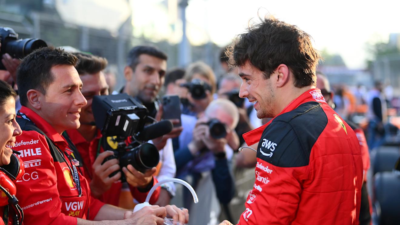 BAKU, AZERBAIJAN - APRIL 28: Pole position qualifier Charles Leclerc of Monaco and Ferrari celebrates in parc ferme during qualifying ahead of the F1 Grand Prix of Azerbaijan at Baku City Circuit on April 28, 2023 in Baku, Azerbaijan. (Photo by Dan Mullan - Formula 1/Formula 1 via Getty Images)