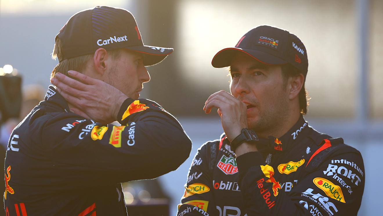 BAKU, AZERBAIJAN - APRIL 28: Second placed qualifier Max Verstappen of the Netherlands and Oracle Red Bull Racing and Third placed qualifier Sergio Perez of Mexico and Oracle Red Bull Racing look on in parc ferme during qualifying ahead of the F1 Grand Prix of Azerbaijan at Baku City Circuit on April 28, 2023 in Baku, Azerbaijan. (Photo by Mark Thompson/Getty Images)