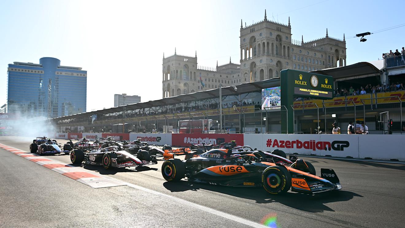 BAKU, AZERBAIJAN - APRIL 29: Oscar Piastri of Australia driving the (81) McLaren MCL60 Mercedes leads Kevin Magnussen of Denmark driving the (20) Haas F1 VF-23 Ferrari at the start during the Sprint ahead of the F1 Grand Prix of Azerbaijan at Baku City Circuit on April 29, 2023 in Baku, Azerbaijan. (Photo by Dan Mullan - Formula 1/Formula 1 via Getty Images)