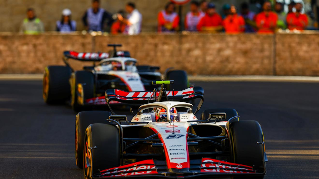 BAKU, AZERBAIJAN - APRIL 29: Nico Hulkenberg of Germany driving the (27) Haas F1 VF-23 Ferrari leads Kevin Magnussen of Denmark driving the (20) Haas F1 VF-23 Ferrari on track during the Sprint ahead of the F1 Grand Prix of Azerbaijan at Baku City Circuit on April 29, 2023 in Baku, Azerbaijan. (Photo by Alex Pantling/Getty Images)