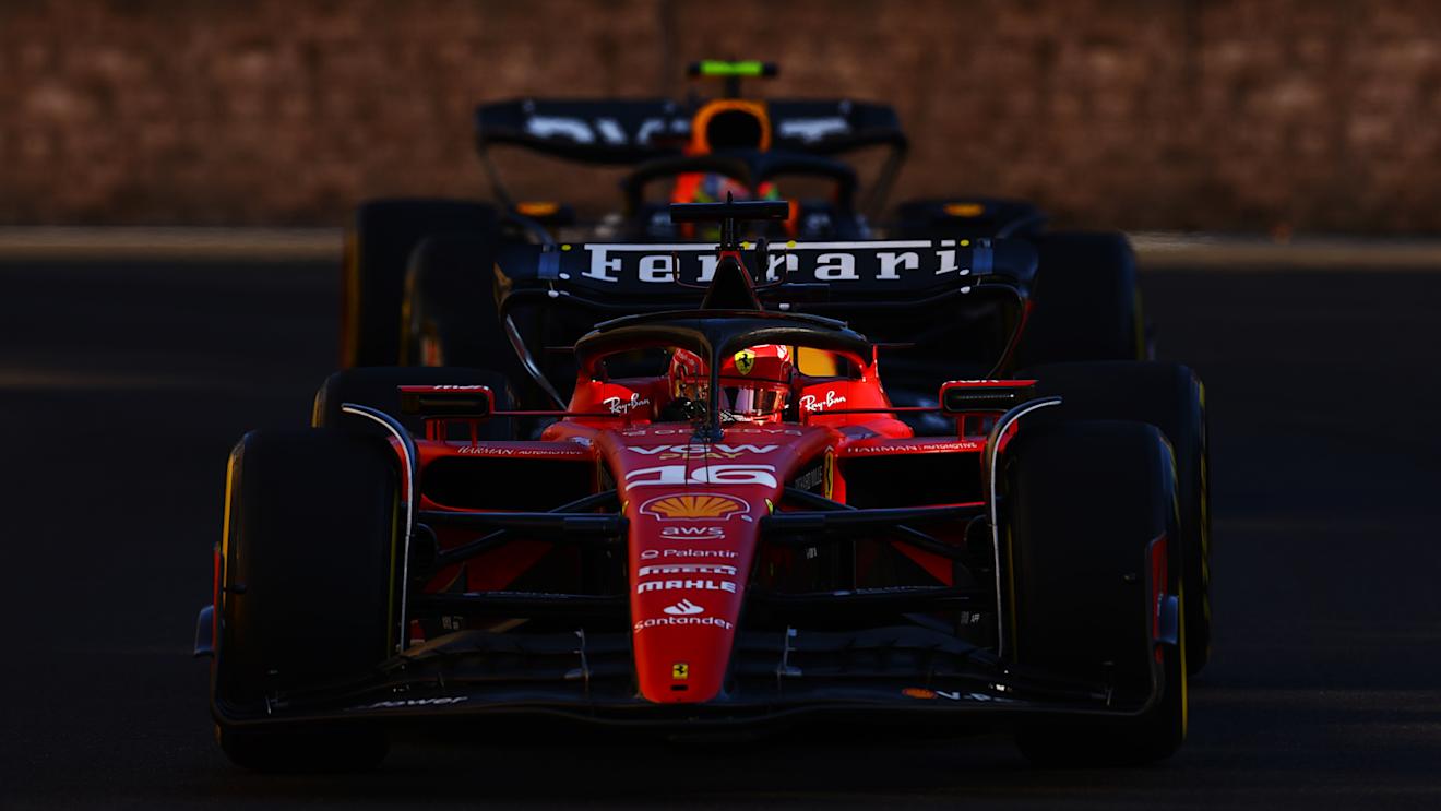 BAKU, AZERBAIJAN - APRIL 29: Charles Leclerc of Monaco driving the (16) Ferrari SF-23 leads Sergio Perez of Mexico driving the (11) Oracle Red Bull Racing RB19 on track during the Sprint ahead of the F1 Grand Prix of Azerbaijan at Baku City Circuit on April 29, 2023 in Baku, Azerbaijan. (Photo by Alex Pantling/Getty Images)