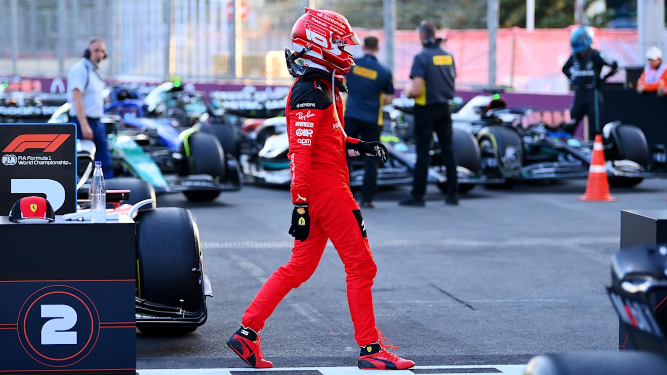 BAKU, AZERBAIJAN - APRIL 29:  Second placed Charles Leclerc of Monaco and Ferrari (L) celebrates in parc ferme during the Sprint ahead of the F1 Grand Prix of Azerbaijan at Baku City Circuit on April 29, 2023 in Baku, Azerbaijan. (Photo by Dan Mullan - Formula 1/Formula 1 via Getty Images)