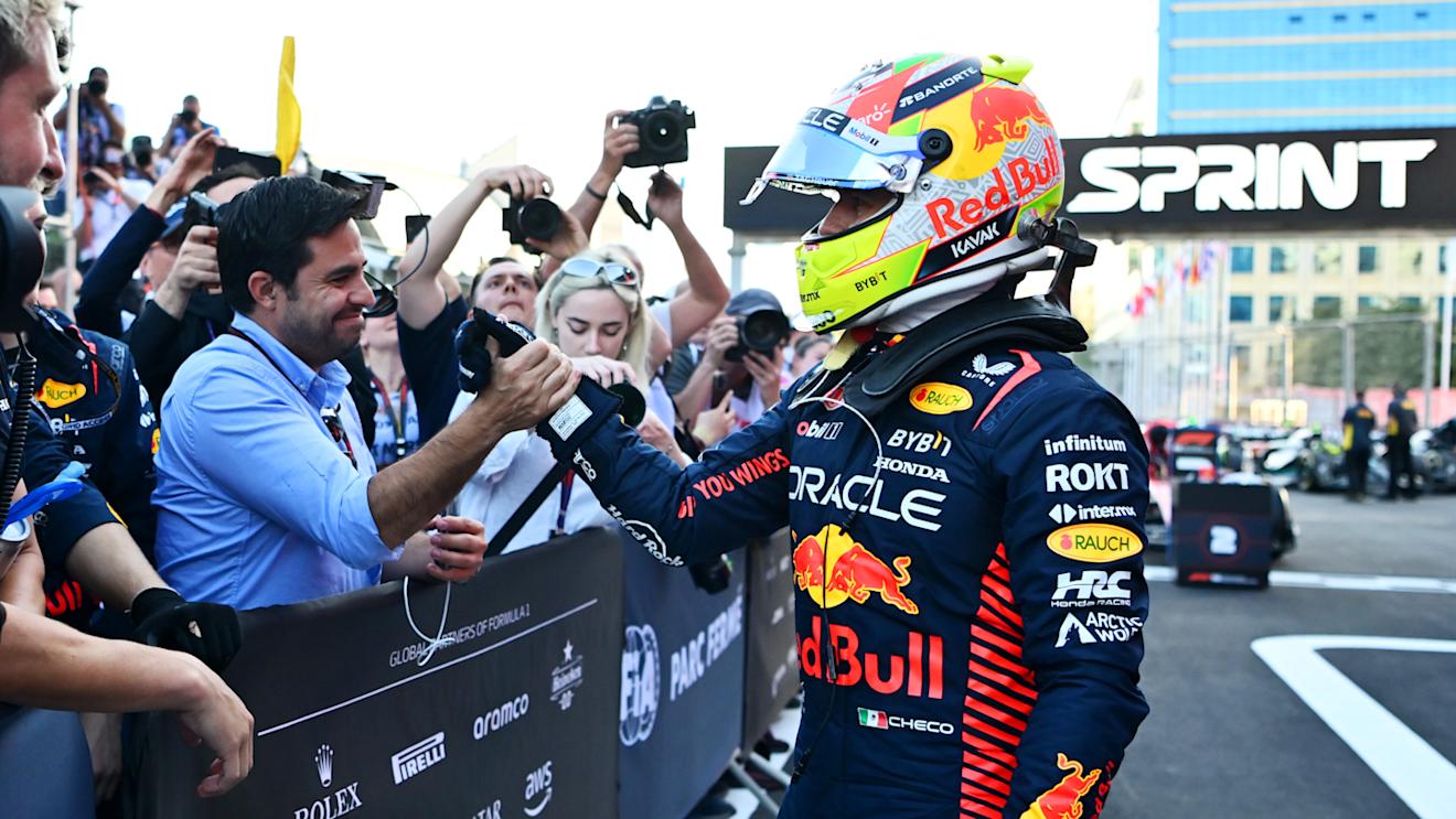BAKU, AZERBAIJAN - APRIL 29: Sprint winner Sergio Perez of Mexico and Oracle Red Bull Racing celebrates with teammates in parc ferme during the Sprint ahead of the F1 Grand Prix of Azerbaijan at Baku City Circuit on April 29, 2023 in Baku, Azerbaijan. (Photo by Dan Mullan - Formula 1/Formula 1 via Getty Images)