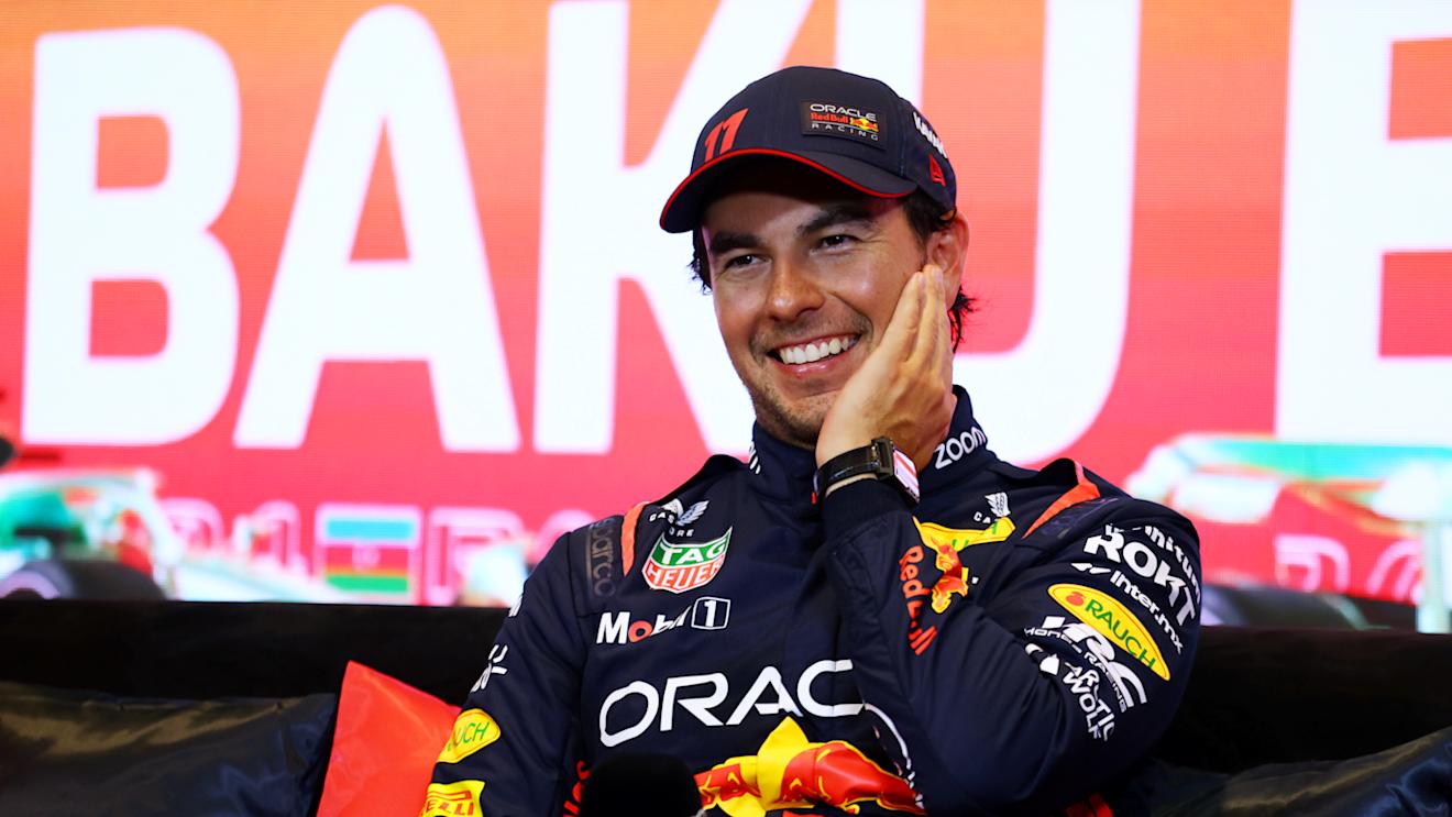 BAKU, AZERBAIJAN - APRIL 29: Sprint winner Sergio Perez of Mexico and Oracle Red Bull Racing attends the press conference after the Sprint ahead of the F1 Grand Prix of Azerbaijan at Baku City Circuit on April 29, 2023 in Baku, Azerbaijan. (Photo by Bryn Lennon/Getty Images)