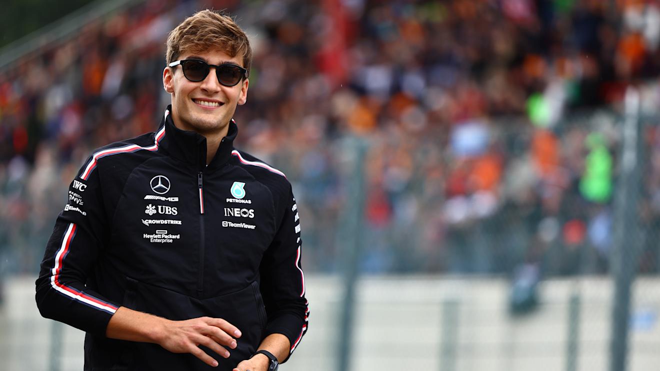 SPA, BELGIUM - JULY 30: George Russell of Great Britain and Mercedes looks on from the drivers parade prior to the F1 Grand Prix of Belgium at Circuit de Spa-Francorchamps on July 30, 2023 in Spa, Belgium. (Photo by Mark Thompson/Getty Images)
