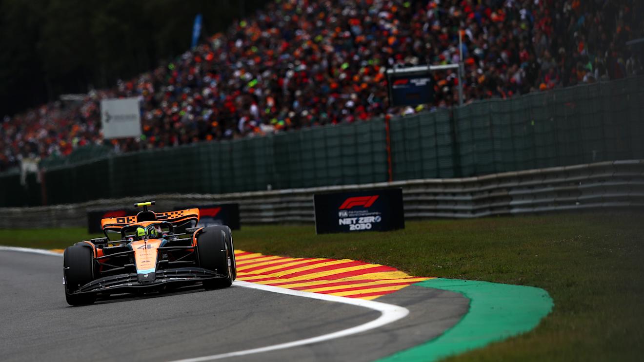 SPA, BELGIUM - JULY 30: Lando Norris of Great Britain driving the (4) McLaren MCL60 Mercedes on track during the F1 Grand Prix of Belgium at Circuit de Spa-Francorchamps on July 30, 2023 in Spa, Belgium. (Photo by Joe Portlock - Formula 1/Formula 1 via Getty Images)