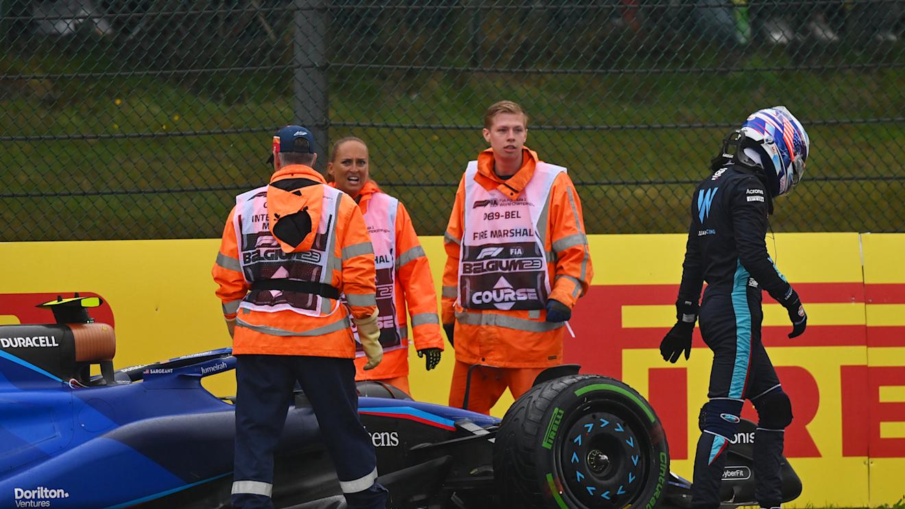 SPA, BELGIUM - JULY 28: Logan Sargeant of United States and Williams walks from his car after stopping on track during practice ahead of the F1 Grand Prix of Belgium at Circuit de Spa-Francorchamps on July 28, 2023 in Spa, Belgium. (Photo by Dan Mullan/Getty Images)