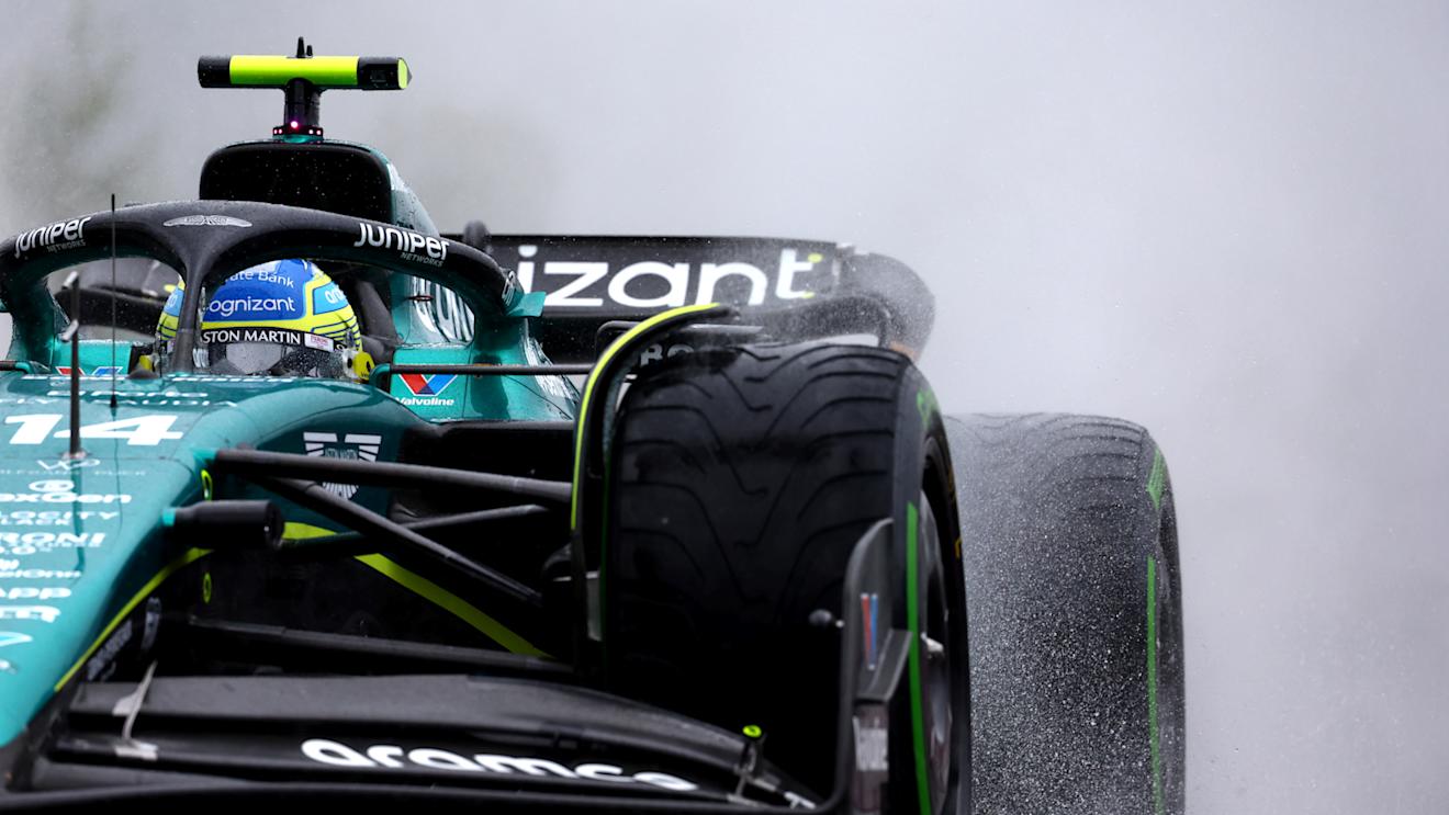 SPA, BELGIUM - JULY 28: Fernando Alonso of Spain driving the (14) Aston Martin AMR23 Mercedes on track during practice ahead of the F1 Grand Prix of Belgium at Circuit de Spa-Francorchamps on July 28, 2023 in Spa, Belgium. (Photo by Mark Thompson/Getty Images)