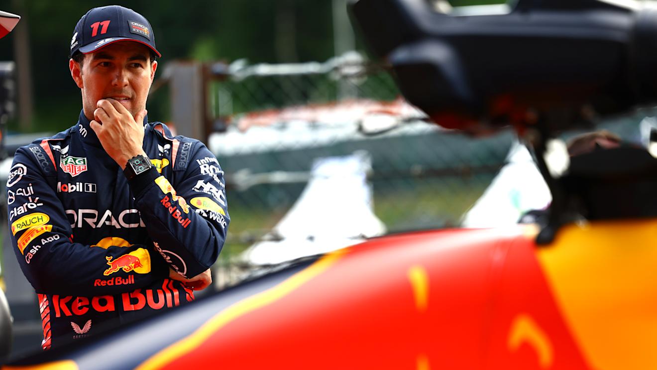 SPA, BELGIUM - JULY 28: Third placed qualifier Sergio Perez of Mexico and Oracle Red Bull Racing looks on in parc ferme during qualifying ahead of the F1 Grand Prix of Belgium at Circuit de Spa-Francorchamps on July 28, 2023 in Spa, Belgium. (Photo by Mark Thompson/Getty Images)