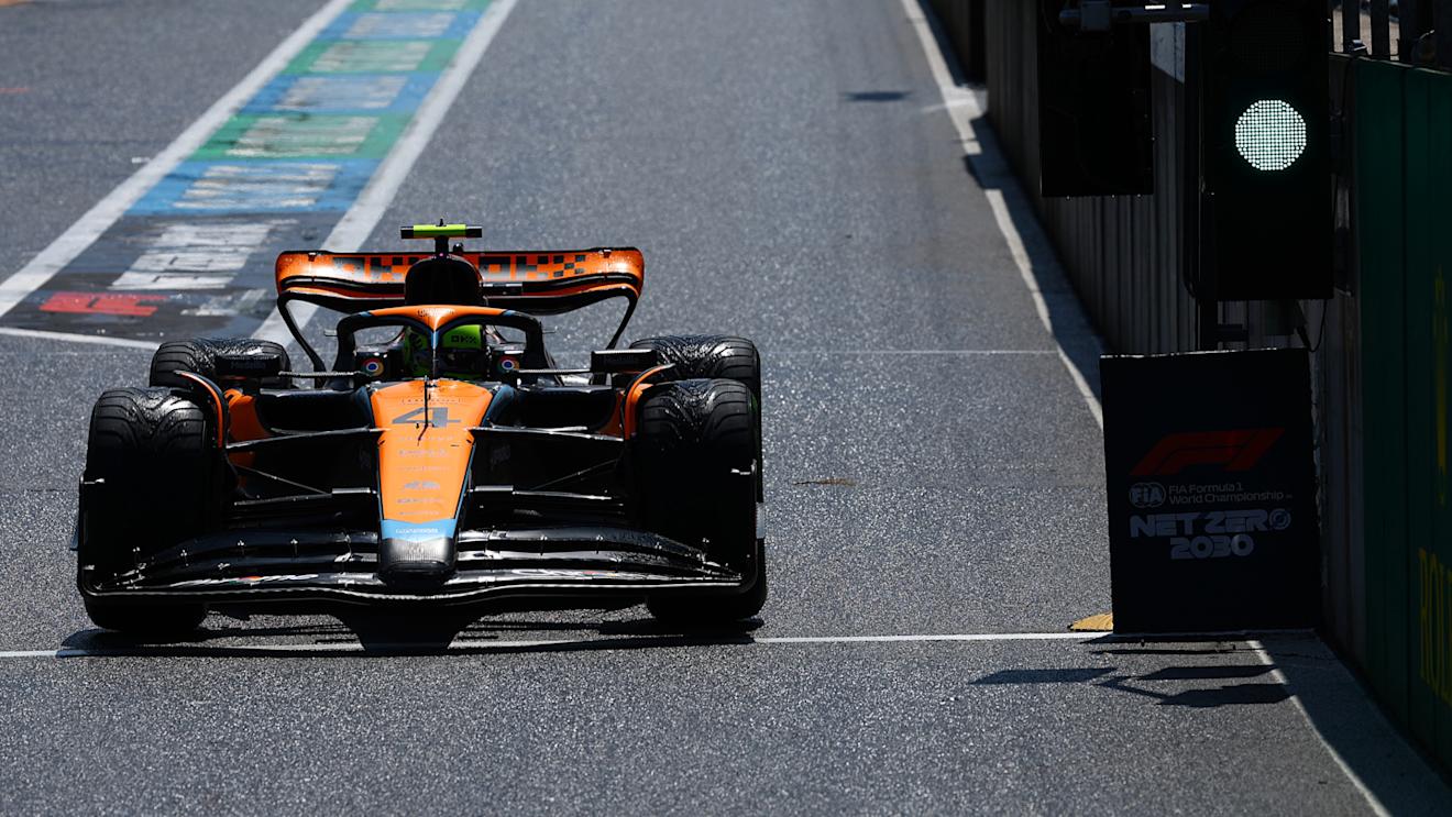 SPA, BELGIUM - JULY 29: Lando Norris of Great Britain driving the (4) McLaren MCL60 Mercedes in the Pitlane during the Sprint Shootout ahead of the F1 Grand Prix of Belgium at Circuit de Spa-Francorchamps on July 29, 2023 in Spa, Belgium. (Photo by Mark Thompson/Getty Images)
