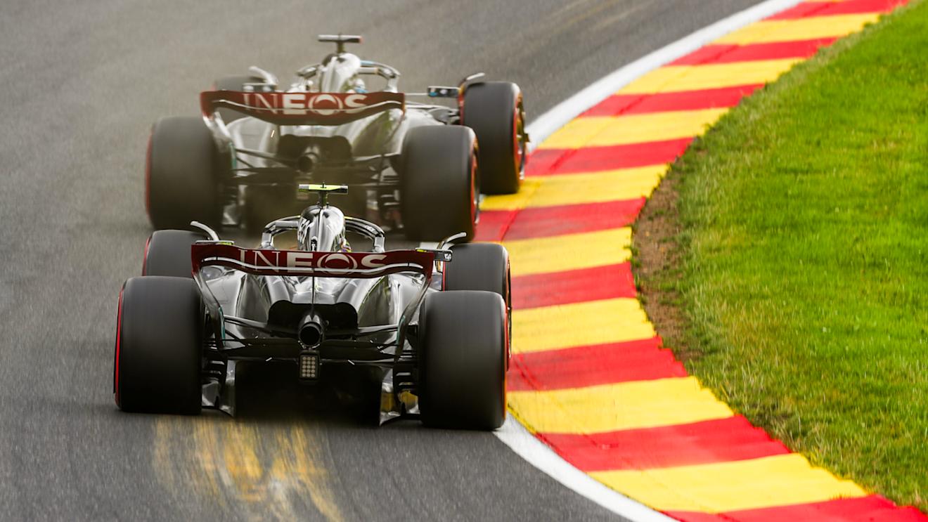 SPA, BELGIUM - JULY 29: George Russell of Mercedes and Great Britain and Lewis Hamilton of Mercedes and Great Britain during the Sprint Shootout ahead of the F1 Grand Prix of Belgium at Circuit de Spa-Francorchamps on July 29, 2023 in Spa, Belgium. (Photo by Peter Fox/Getty Images)