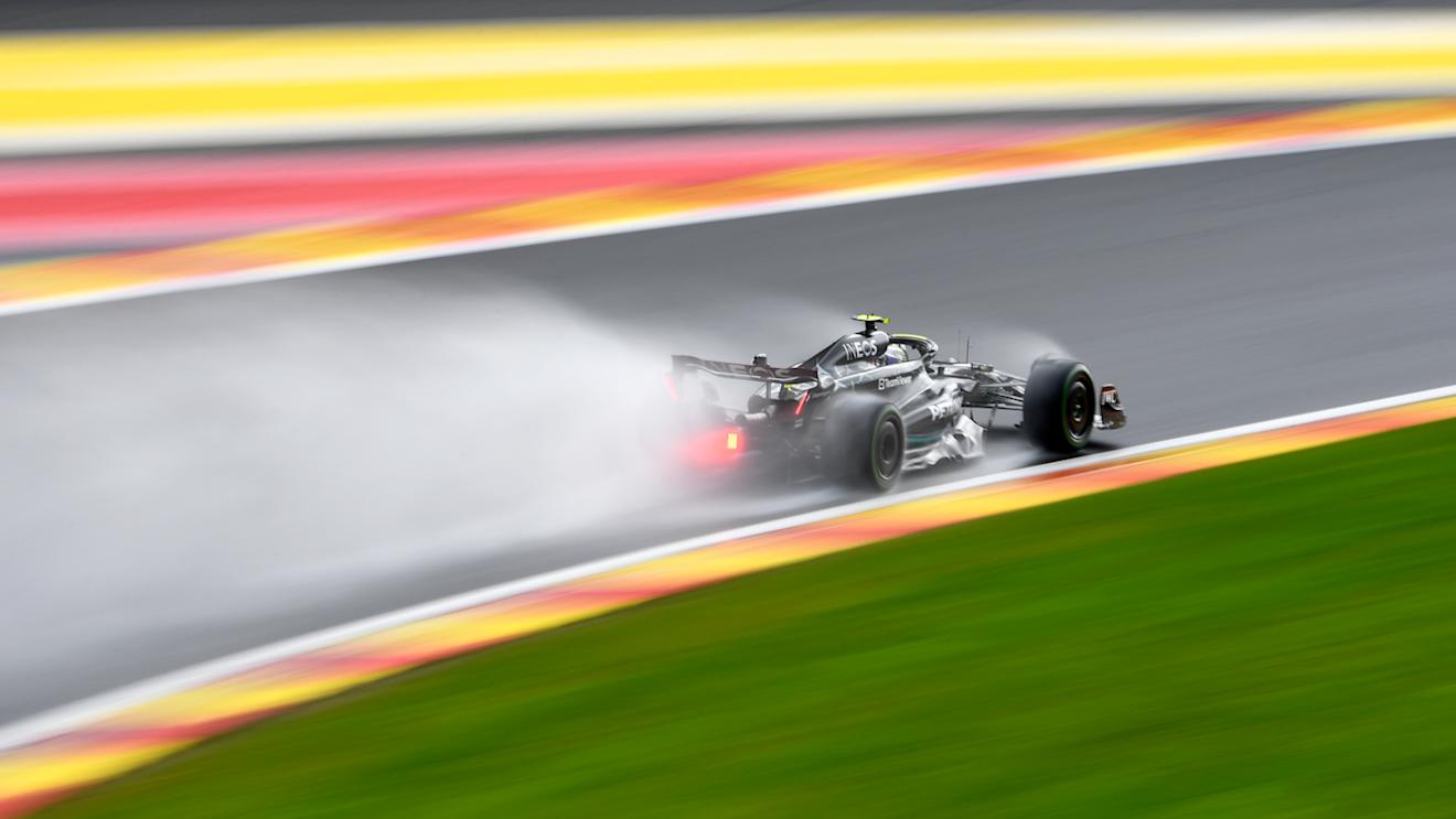 SPA, BELGIUM - JULY 29: Lewis Hamilton of Great Britain driving the (44) Mercedes AMG Petronas F1 Team W14 on track during the Sprint Shootout ahead of the F1 Grand Prix of Belgium at Circuit de Spa-Francorchamps on July 29, 2023 in Spa, Belgium. (Photo by Rudy Carezzevoli - Formula 1/Formula 1 via Getty Images)