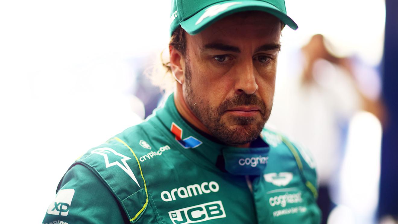 SPA, BELGIUM - JULY 29: Sprint Shootout 15th fastest qualifier Fernando Alonso of Spain and Aston Martin F1 Team looks on in the FIA garage during the Sprint Shootout ahead of the F1 Grand Prix of Belgium at Circuit de Spa-Francorchamps on July 29, 2023 in Spa, Belgium. (Photo by Dan Istitene - Formula 1/Formula 1 via Getty Images)