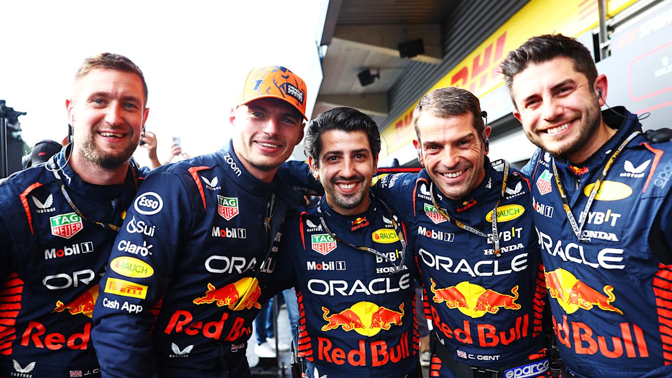 SPA, BELGIUM - JULY 29: Sprint winner Max Verstappen of the Netherlands and Oracle Red Bull Racing celebrates with his team in parc ferme during the Sprint ahead of the F1 Grand Prix of Belgium at Circuit de Spa-Francorchamps on July 29, 2023 in Spa, Belgium. (Photo by Mark Thompson/Getty Images)